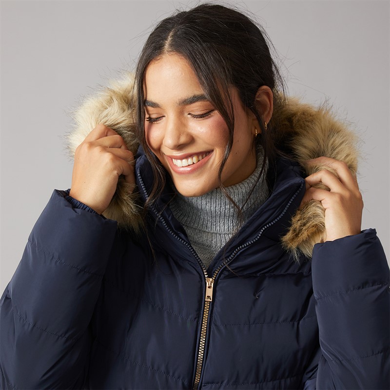 Board Angels Womens Belted Jacket With Faux Fur Trim Hood Navy