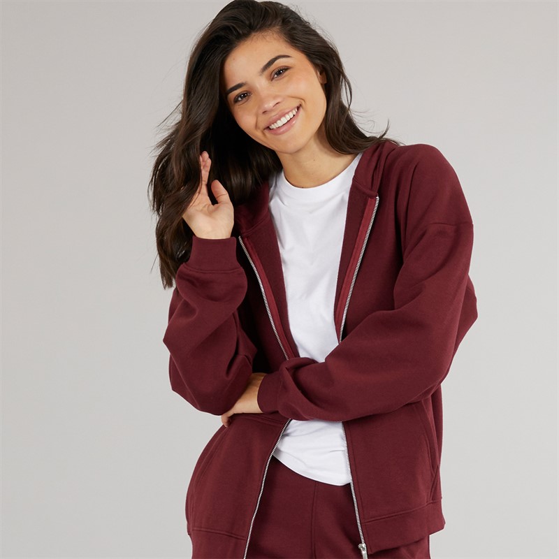 Board Angels Womens Oversized Zip-Through Hoodie Burgundy