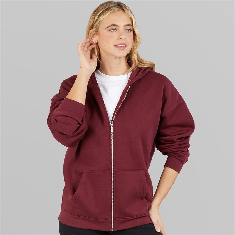 Board Angels Womens Oversized Zip-Through Hoodie Burgundy