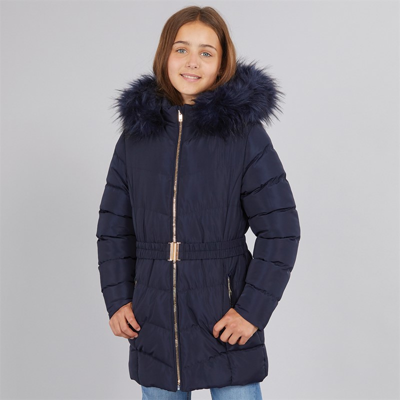 Girls Belted Jacket With Faux Fur Hood Navy - Size 11/12Y