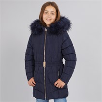 Board Angels Girls Belted Jacket With Faux Fur Hood Navy
