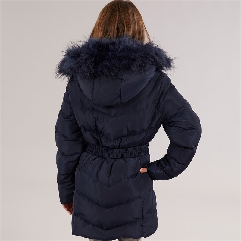 Board Angels Girls Belted Jacket With Faux Fur Hood Navy