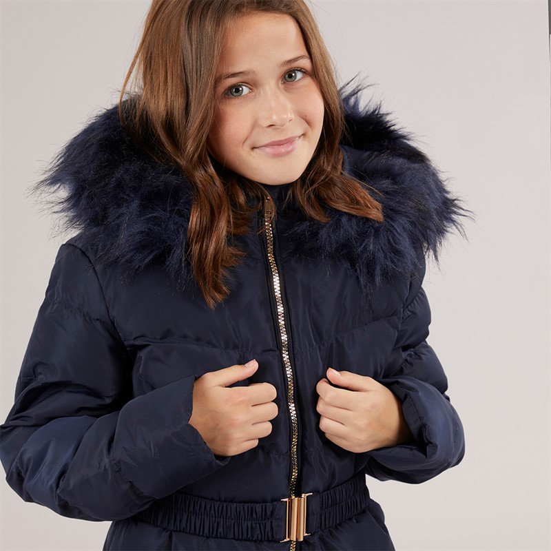 Board Angels Girls Belted Jacket With Faux Fur Hood Navy