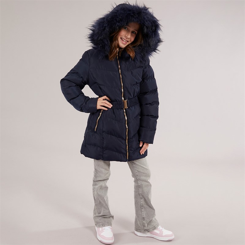 Board Angels Girls Belted Jacket With Faux Fur Hood Navy
