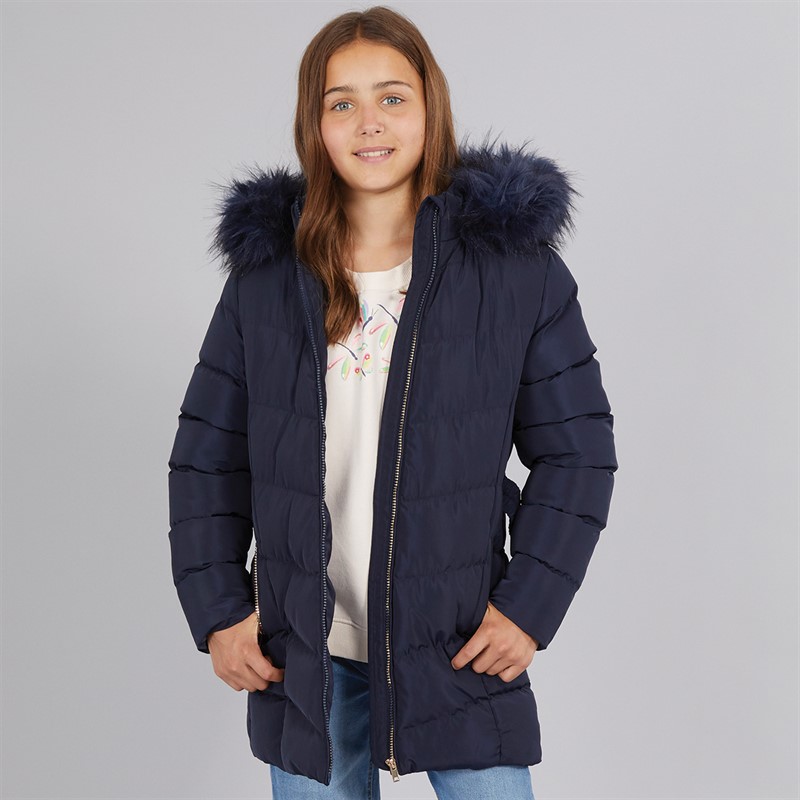 Board Angels Girls Belted Jacket With Faux Fur Hood Navy