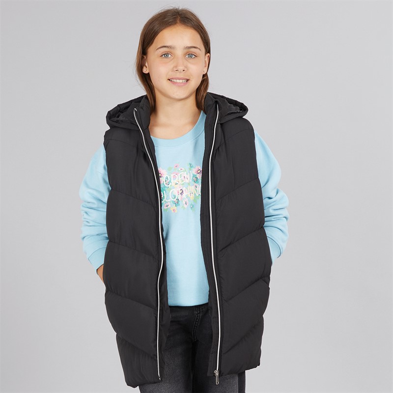 Girls Longline Hooded Gilet Black - Size 7/8Y