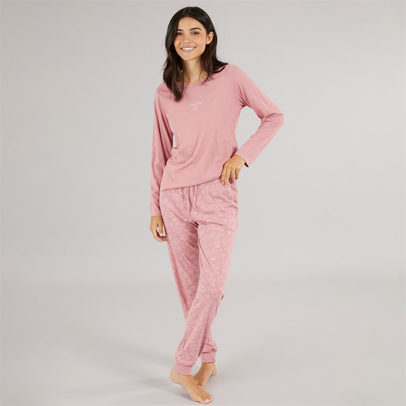 Board Angels Womens Rainy Day Jersey Long Sleeved PJ Set Dusky Pink