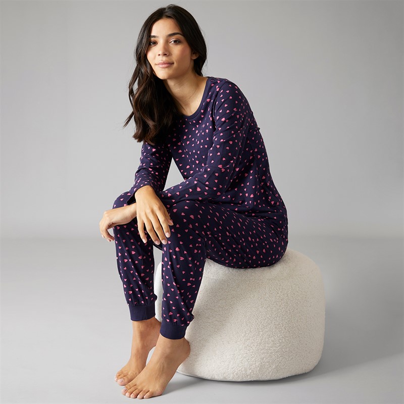 Womens Heart Jersey Long Sleeved Pyjama Set Navy/Hearts Scatter - Size 16