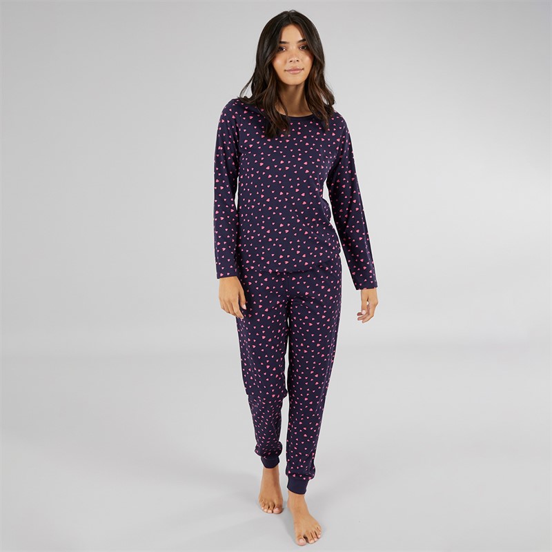 Board Angels Womens Heart Jersey Long Sleeved Pyjama Set Navy/Hearts Scatter