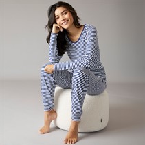 Board Angels Womens Long Sleeved Striped Pyjama Set Stripe Navy/Ecru