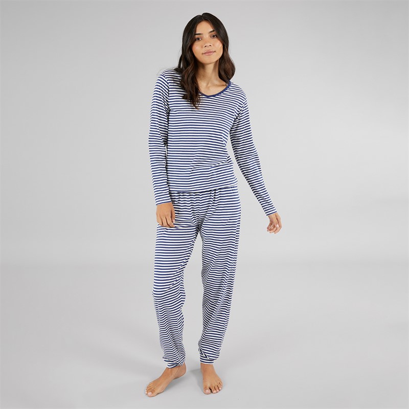 Board Angels Womens Long Sleeved Striped Pyjama Set Stripe Navy/Ecru