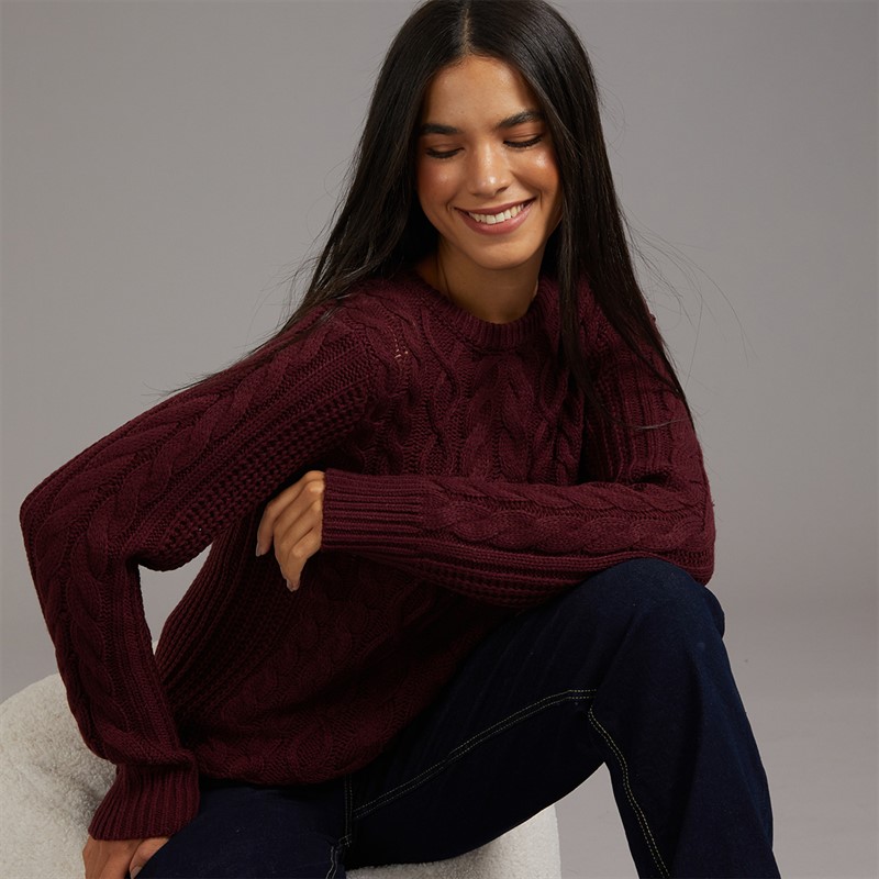 Board Angels Womens Cable Knit Sweater Burgundy