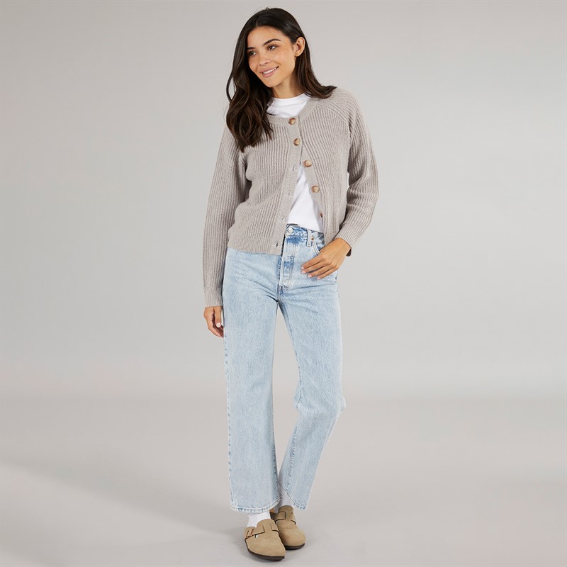 Board Angels Womens Crew Neck Cardigan With Faux Shell Buttons Grey