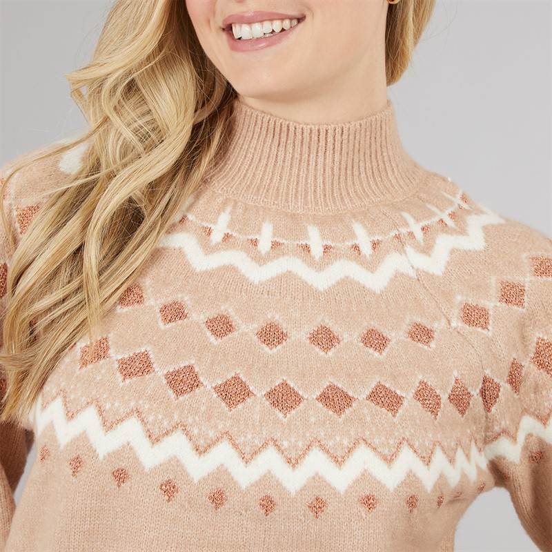 Board Angels Womens High Neck Fairisle Sweater Blush Pink