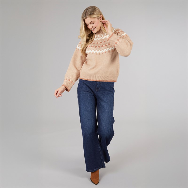 Board Angels Womens High Neck Fairisle Sweater Blush Pink