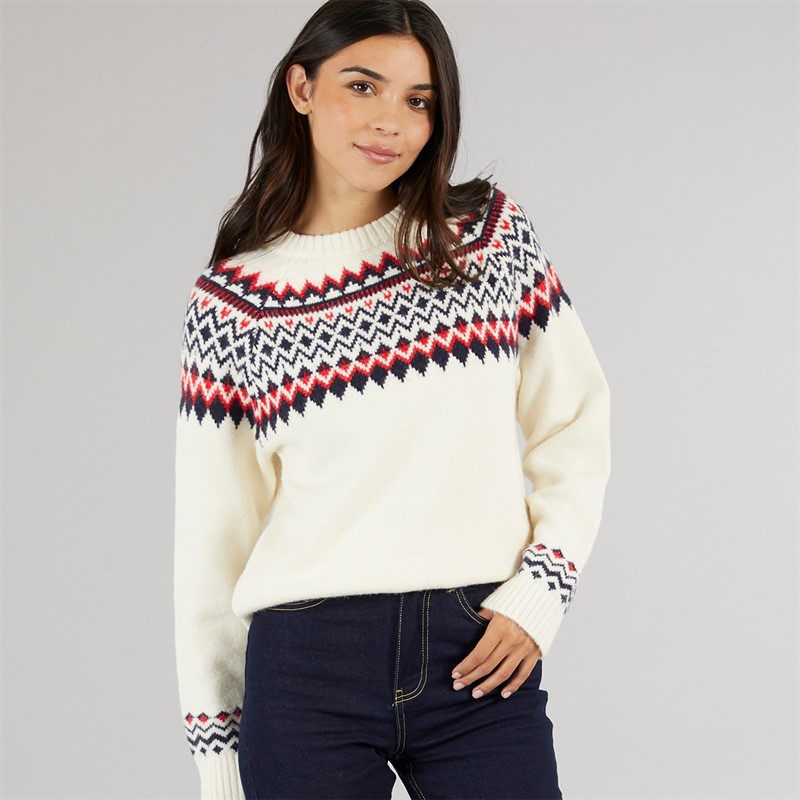 Board Angels Womens Fairisle Crew Neck Sweater Cream/Red/Navy