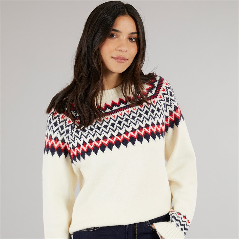 Board Angels Womens Fairisle Crew Neck Sweater Cream/Red/Navy