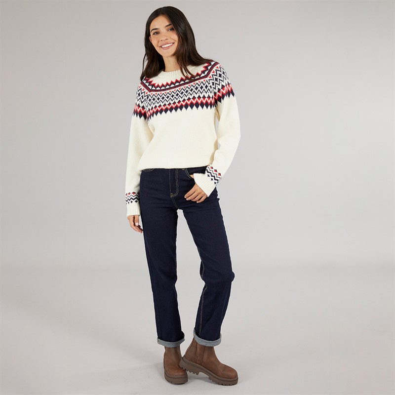 Board Angels Womens Fairisle Crew Neck Sweater Cream/Red/Navy