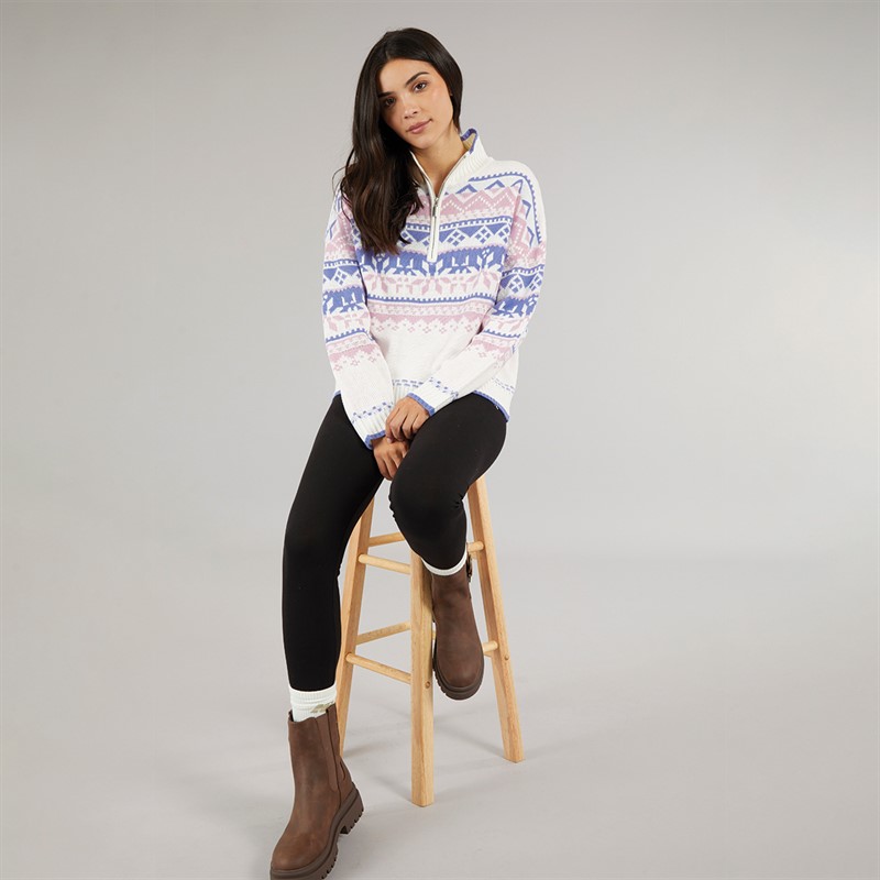 Board Angels Womens Half Zip Fair Isle Sweater Pastel Purple Pink