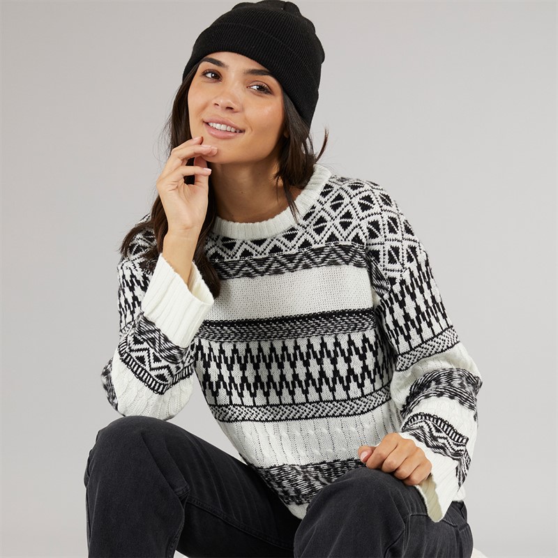 Womens Jacquard Cable Knit Jumper Black/Ecru - Size 18