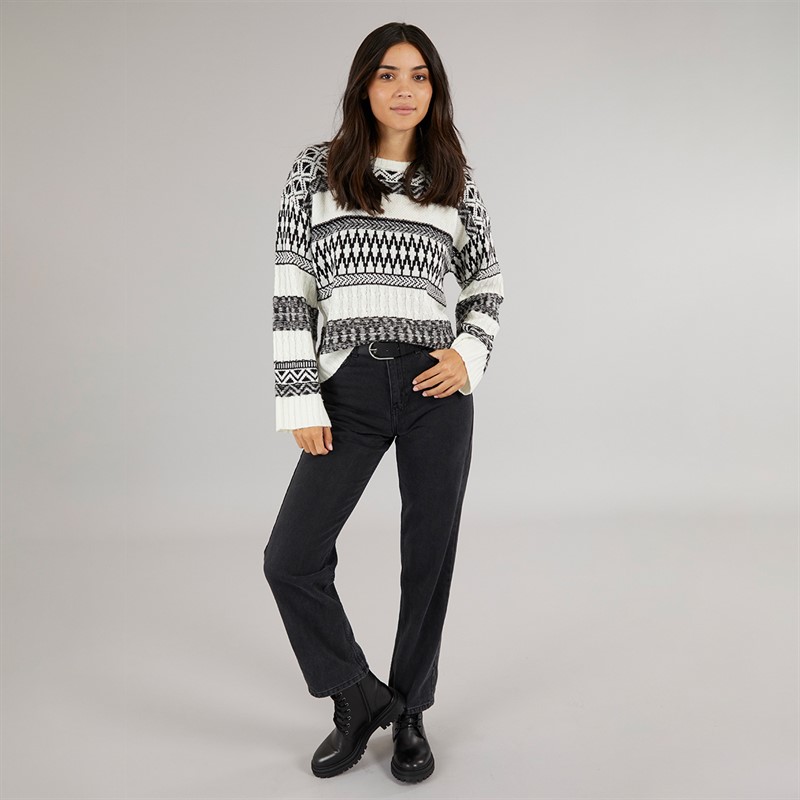 Board Angels Womens Jacquard Cable Knit Jumper Black/Ecru