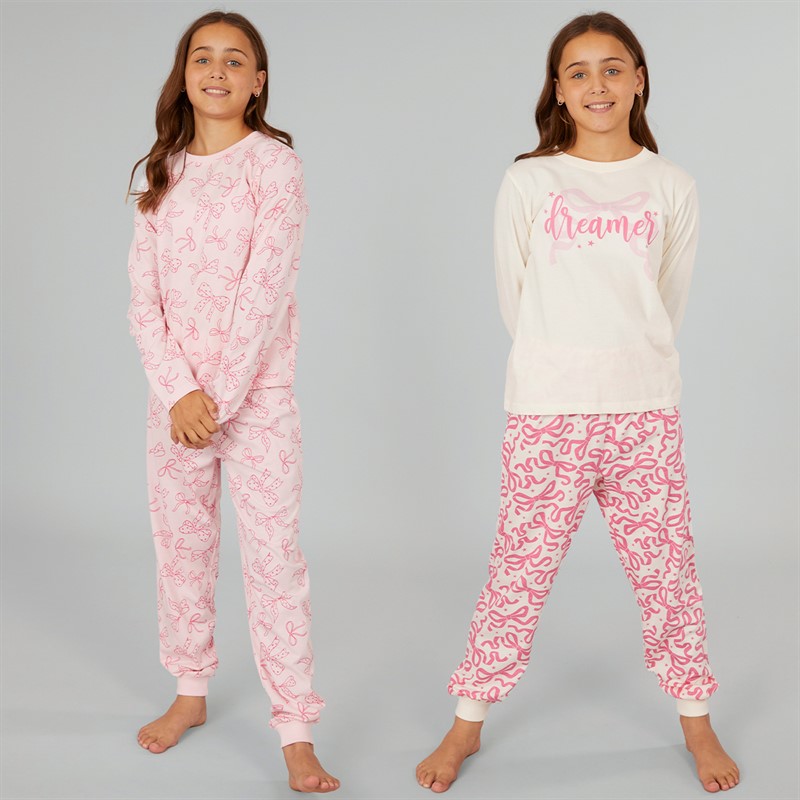Board Angels Girls Two Pack Bow Pyjama Sets Multi