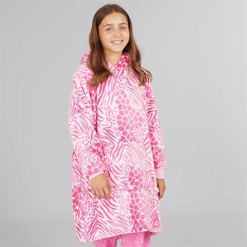 Girls Leopard Oversized Blanket Hoodie Pink Leopard - Size 11/12Y