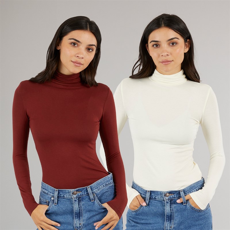 Womens Two Pack Roll Neck Tops Plain Ecru/Burgundy - Size 14