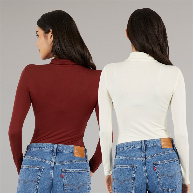 Board Angels Womens Two Pack Roll Neck Tops Plain Ecru/Burgundy