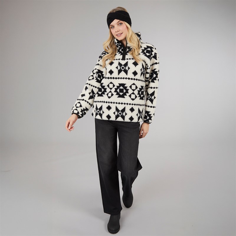 Board Angels Womens Aztec Borg 1/4 Zip Fleece Ecru/Black