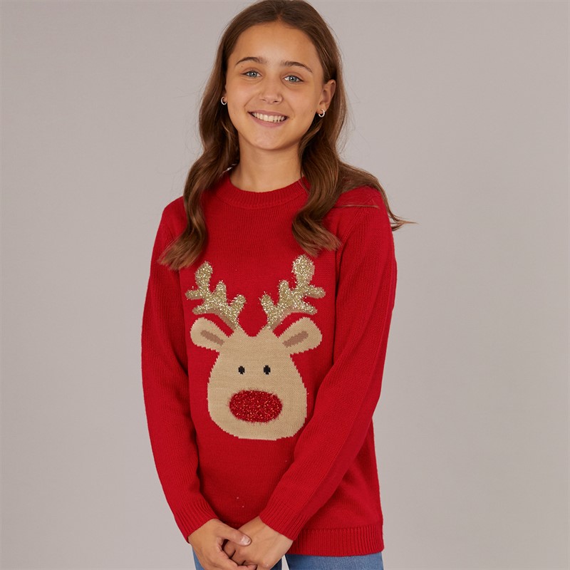 Board Angels Girls Rudolf Christmas Jumper Red