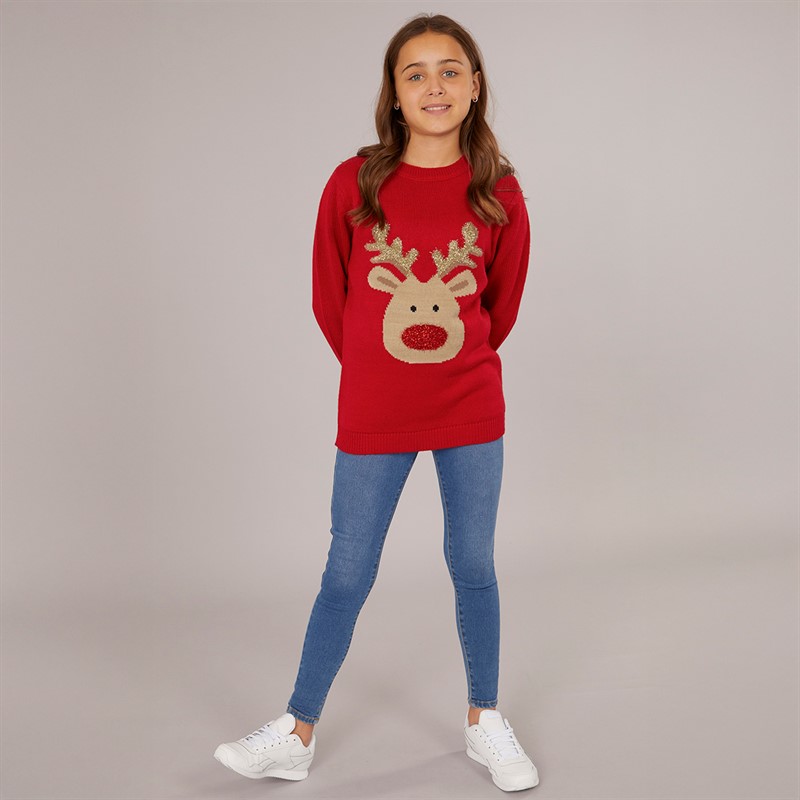 Board Angels Girls Rudolf Christmas Jumper Red