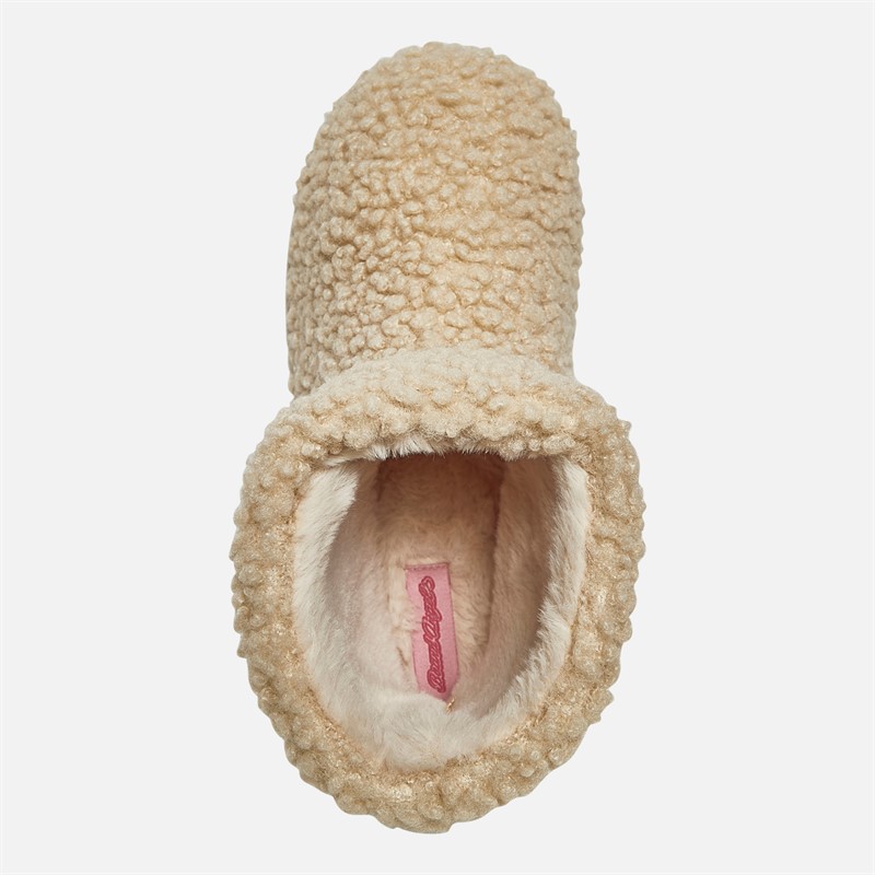 Board Angels Womens Teddy Borg Fleece Bootie Slippers Cream
