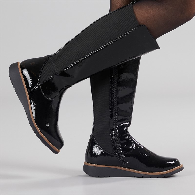Womens Lisa Knee High Wedge Boots Black Patent - Size 3