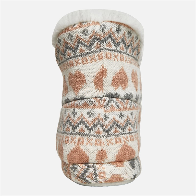 Board Angels Womens Fairisle Sherpa Lined Bootee Slippers Cream/Pink