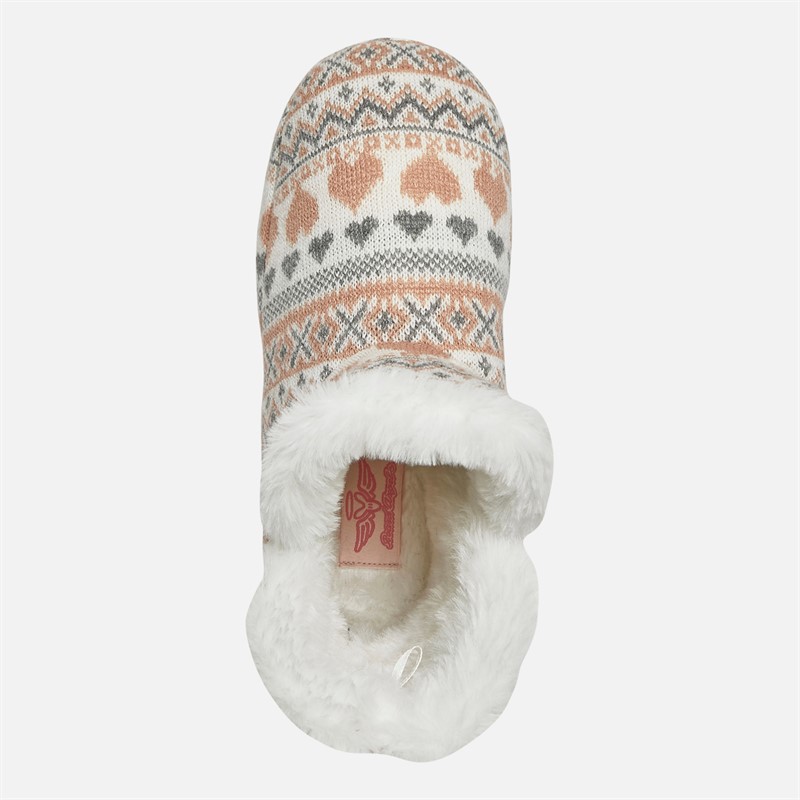 Board Angels Womens Fairisle Sherpa Lined Bootee Slippers Cream/Pink