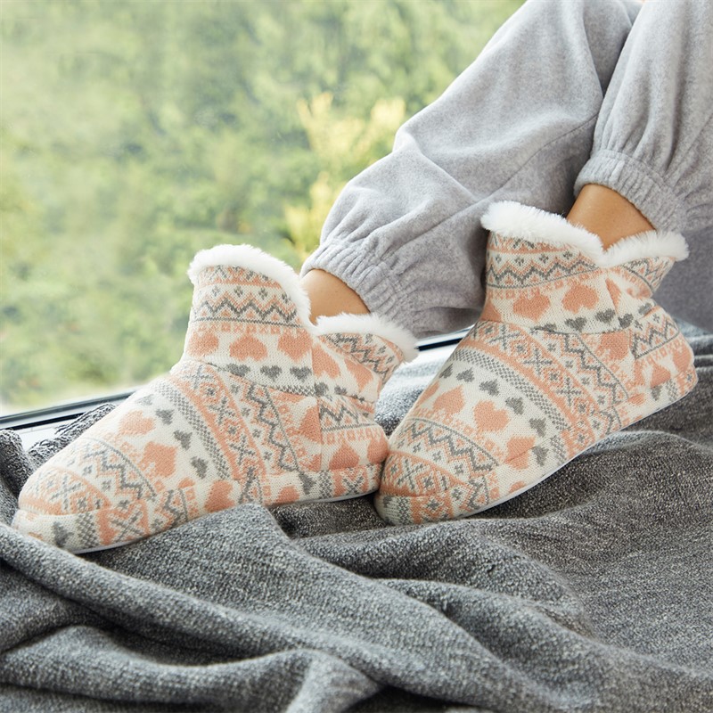 Board Angels Womens Fairisle Sherpa Lined Bootee Slippers Cream/Pink