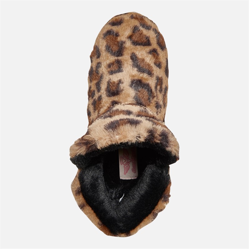 Board Angels Womens Faux Fur Bootee Slippers Leopard