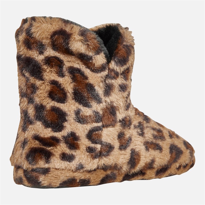 Board Angels Womens Faux Fur Bootee Slippers Leopard