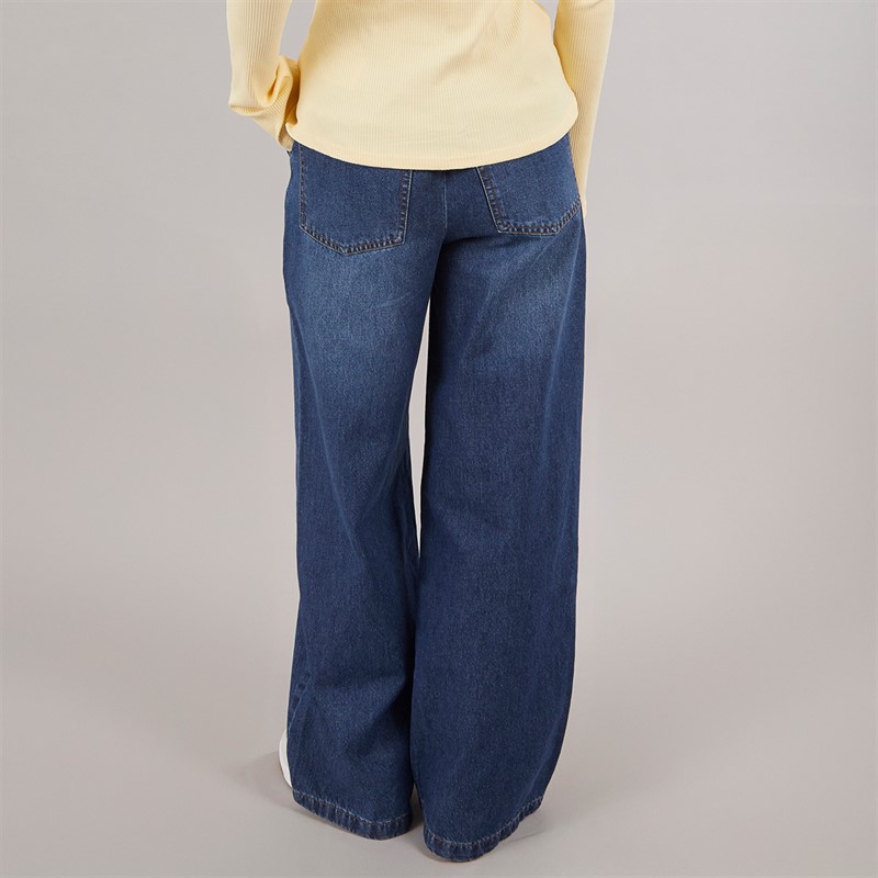 Board Angels Womens Elasticated Waist Wide Leg Jeans Mid Wash