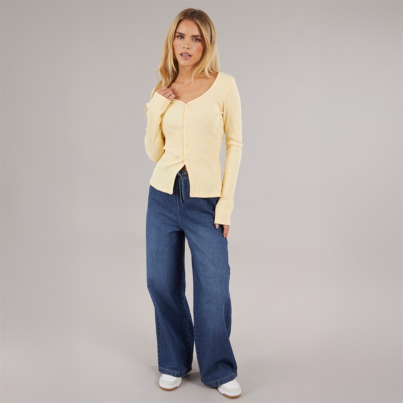 Board Angels Womens Elasticated Waist Wide Leg Jeans Mid Wash