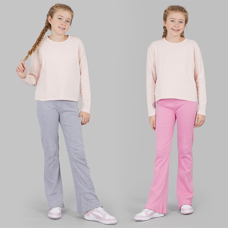 Board Angels Girls Two Pack Rib Flared Leggings Pink/Light Grey Marl