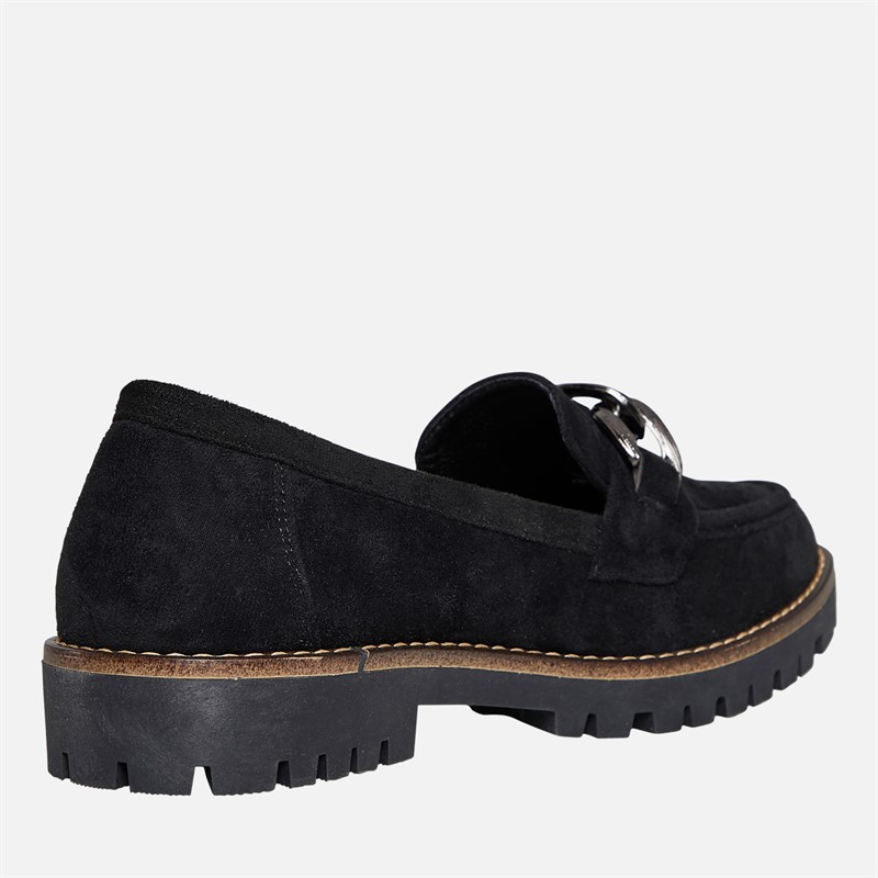 Board Angels Womens Adeline Chunky Chain Loafers Black Micro Suede