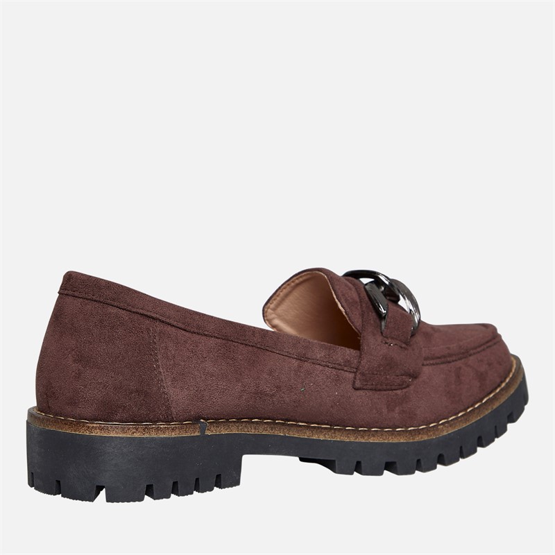 Board Angels Womens Adeline Chunky Chain Loafers Chocolate Micro Suede