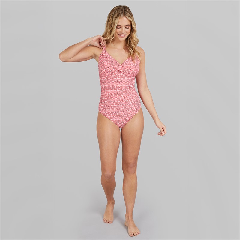 Board Angels Womens Wrap Tummy Shaping Swimsuit Red Spiral Print