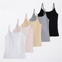 Board Angels Womens Five Pack Strappy Vests Cotton Stretch Black/White/Grey/Natural/Pink Black/White/Gery/Natural