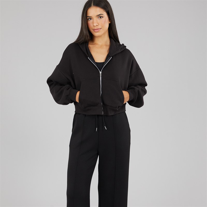 Board Angels Womens Oversized Cropped Zip Through Hoodie Black