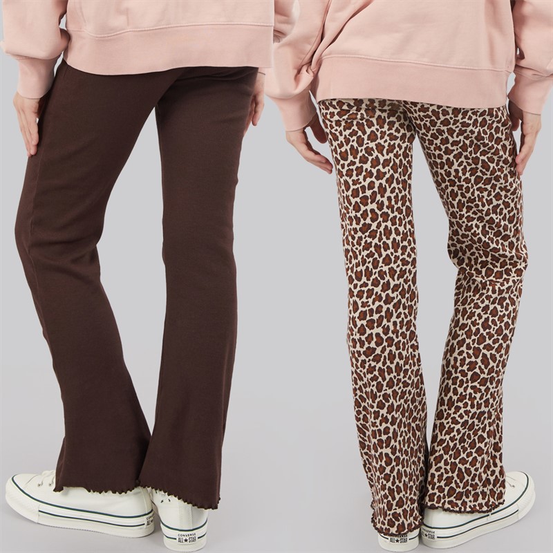 Board Angels Girls Two Pack Ribbed Flared Leggings Chocolate/Leopard Choc/Leopard
