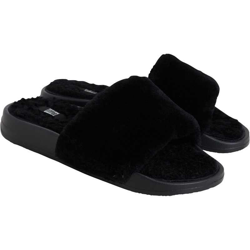 FitFlop Womens Iqushion Shearling Sliders All Black