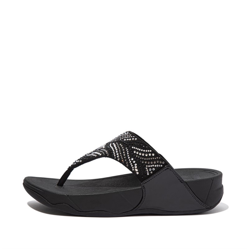FitFlop Womens Lulu Crystal Feather Wide Fit Toe Post Sandals All Black - Size 7